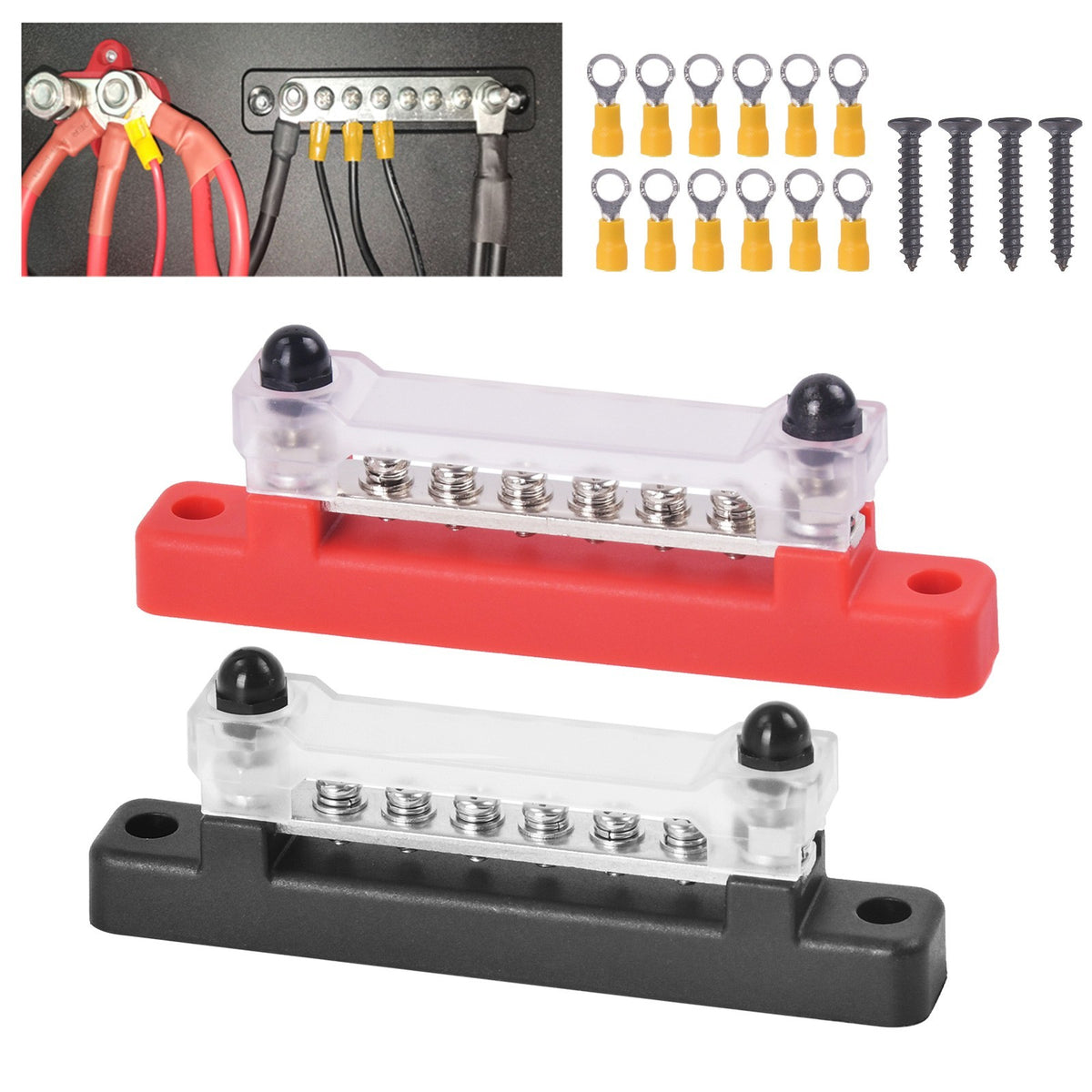 2Pcs 12V 150A Busbar 6 Way Red+Black Bus Bar Power Distribution Terminal Block