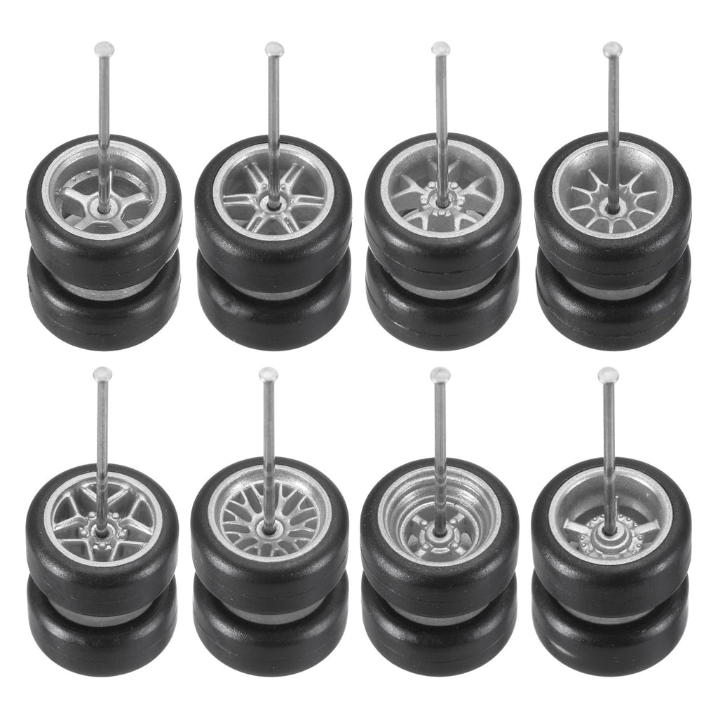 8 Set 1/64 Wheels and Tires Set, Kit 6 Rims Silver Rims