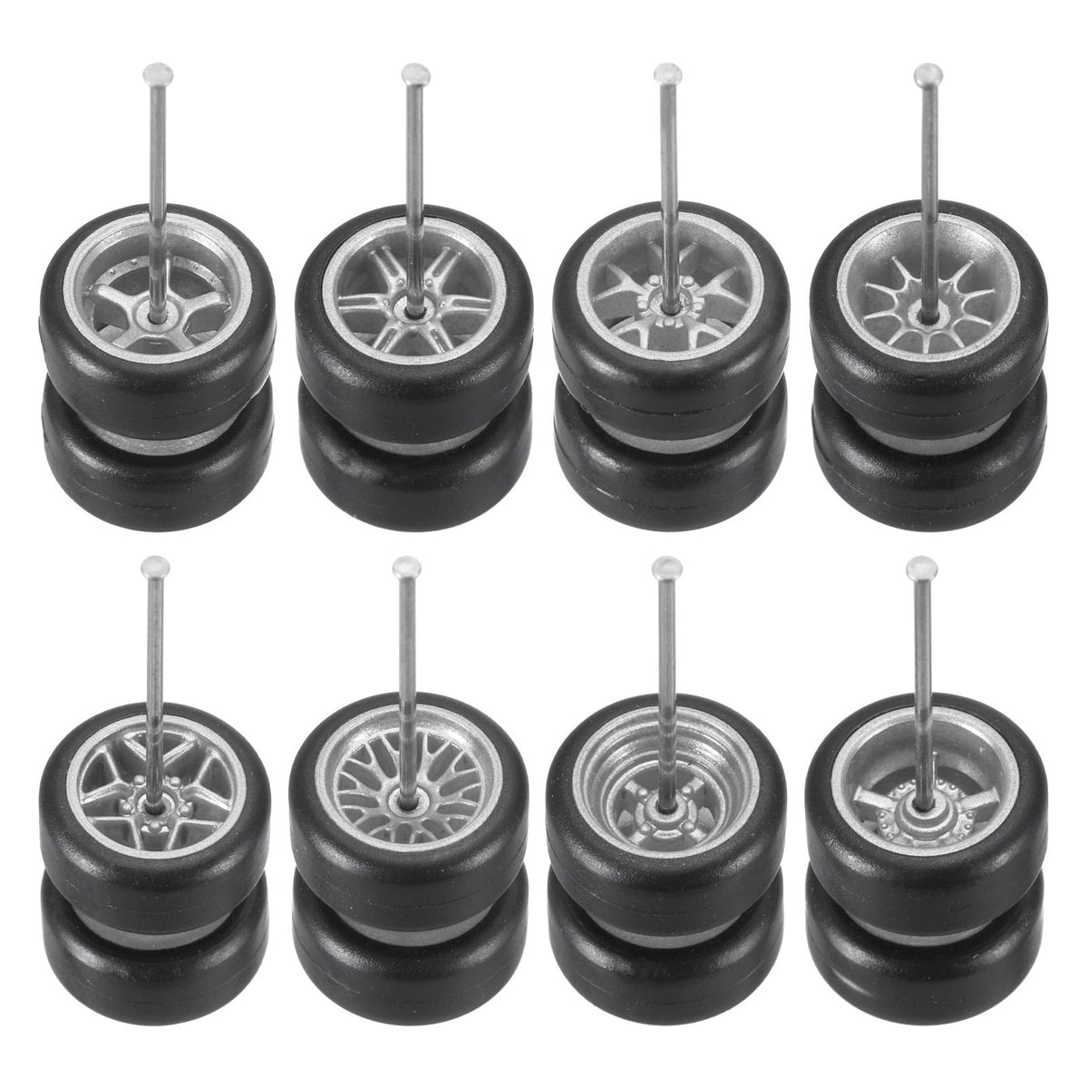 8 Set 1/64 Wheels and Tires Set, Kit 6 Rims Silver Rims