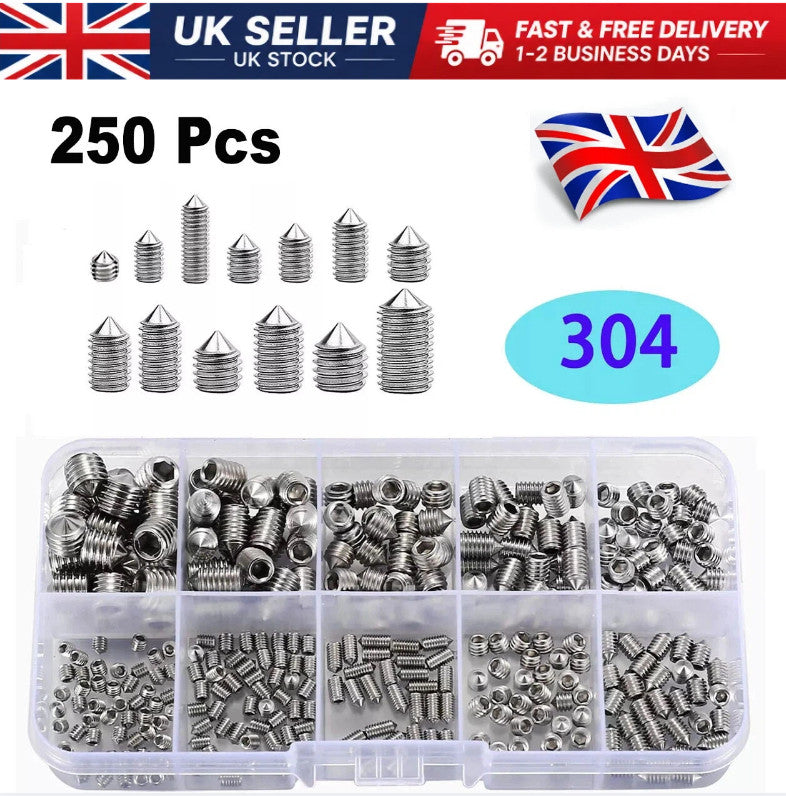 M3-M8 250PCS Stainless Steel Cone Point Grub Screws Hex Socket Set Screw Kit Set