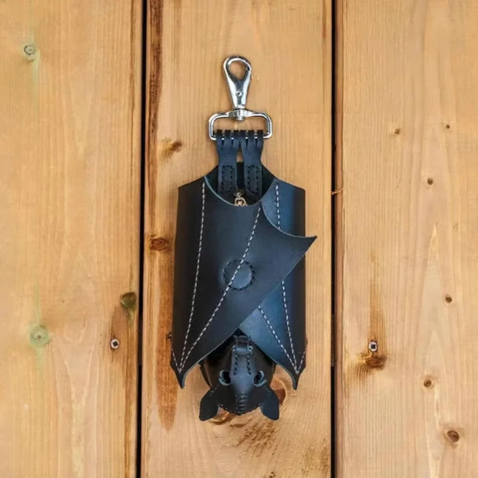 Gothic Leather Bat Coin Purse Handmade Keychain Zippered Wallet for Bags & Belts