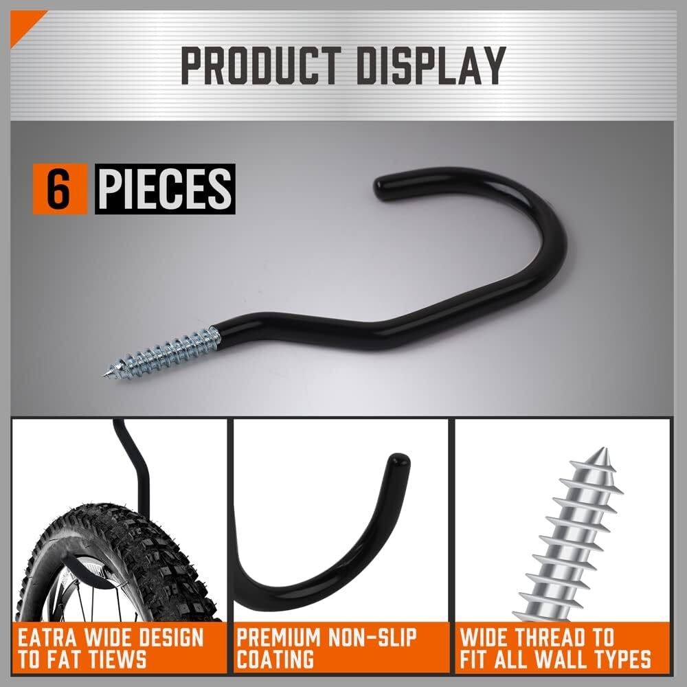 6pc Tool Hooks & Screws Garage Garden Shed Wall Bike Hanging Storage Max 100 LBS