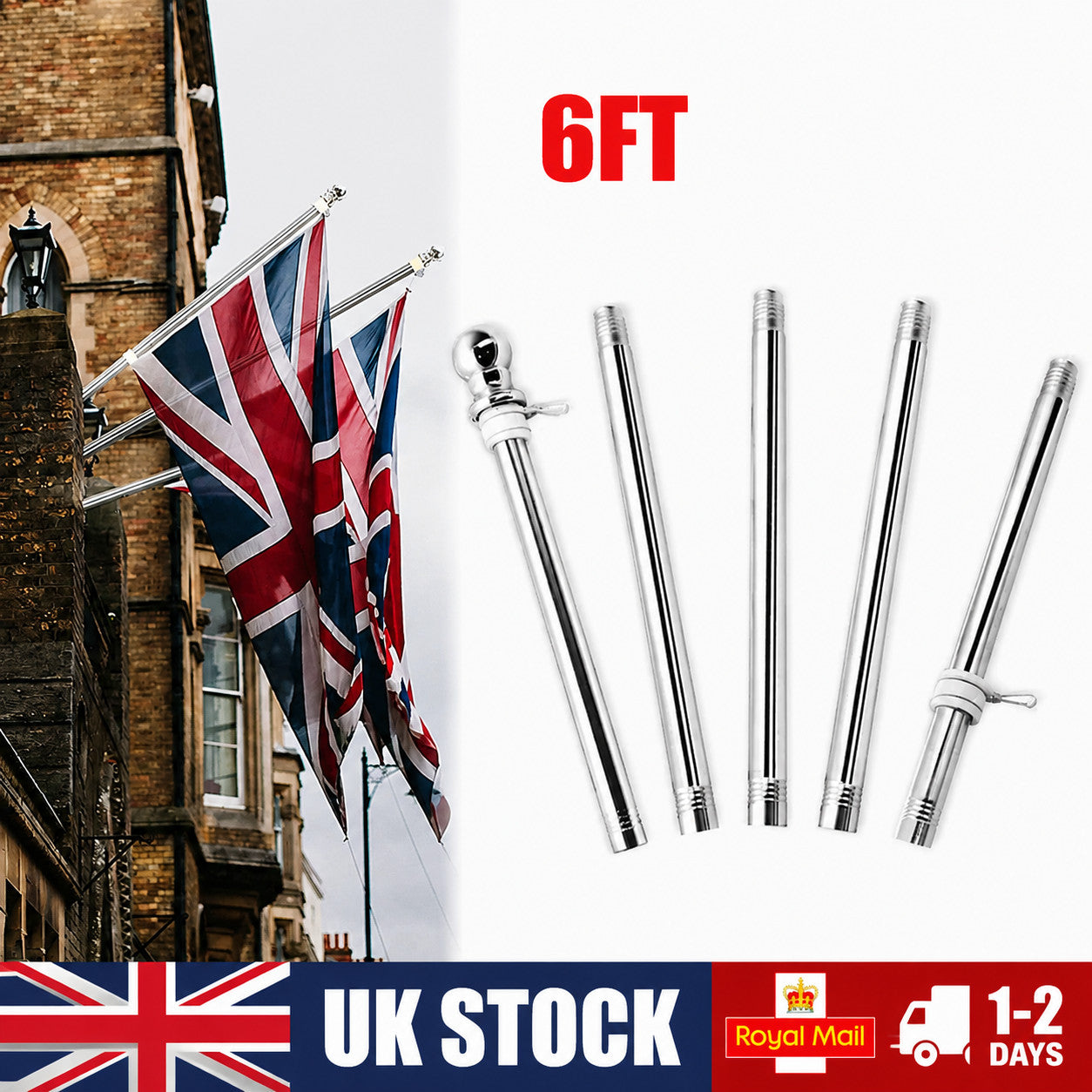 Adjustable Flag Pole Stainless Heavy Duty Rotating Flag Anti Tangle Caravan 6ft