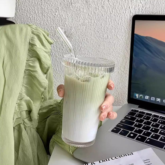 Cold Cups with Lid and Straw Reusable Lids Straws Clear Glass Juice Tea