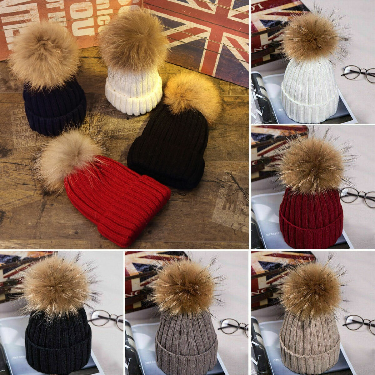 Womens Warm Winter Hat Genuine Fur Pom Pom 15cm Ball Knit Beanie Ski Caps