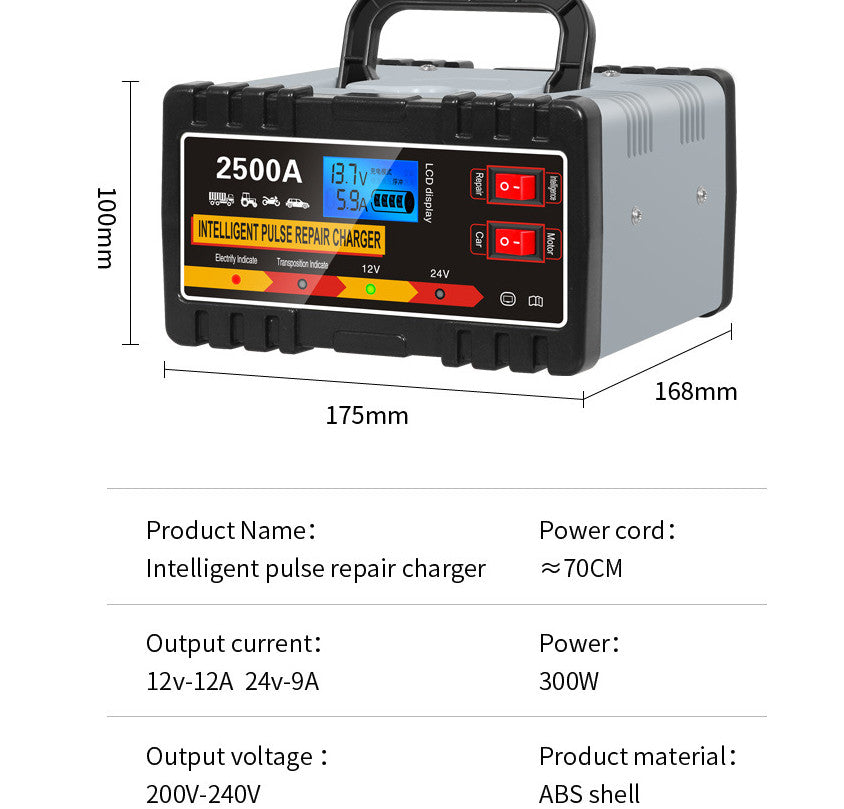2500A Heavy Duty 12/24V Automatic Car Battery Charger Smart Pulse Repair Trickle