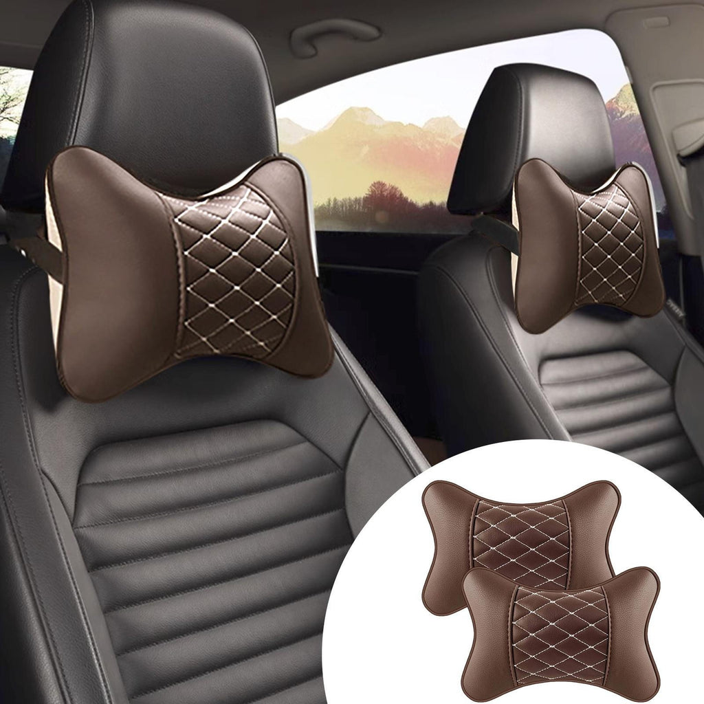 2pc Car Seat Head Neck Rest PU Leather Support Cushion Pad HeadRest Bone Pillow