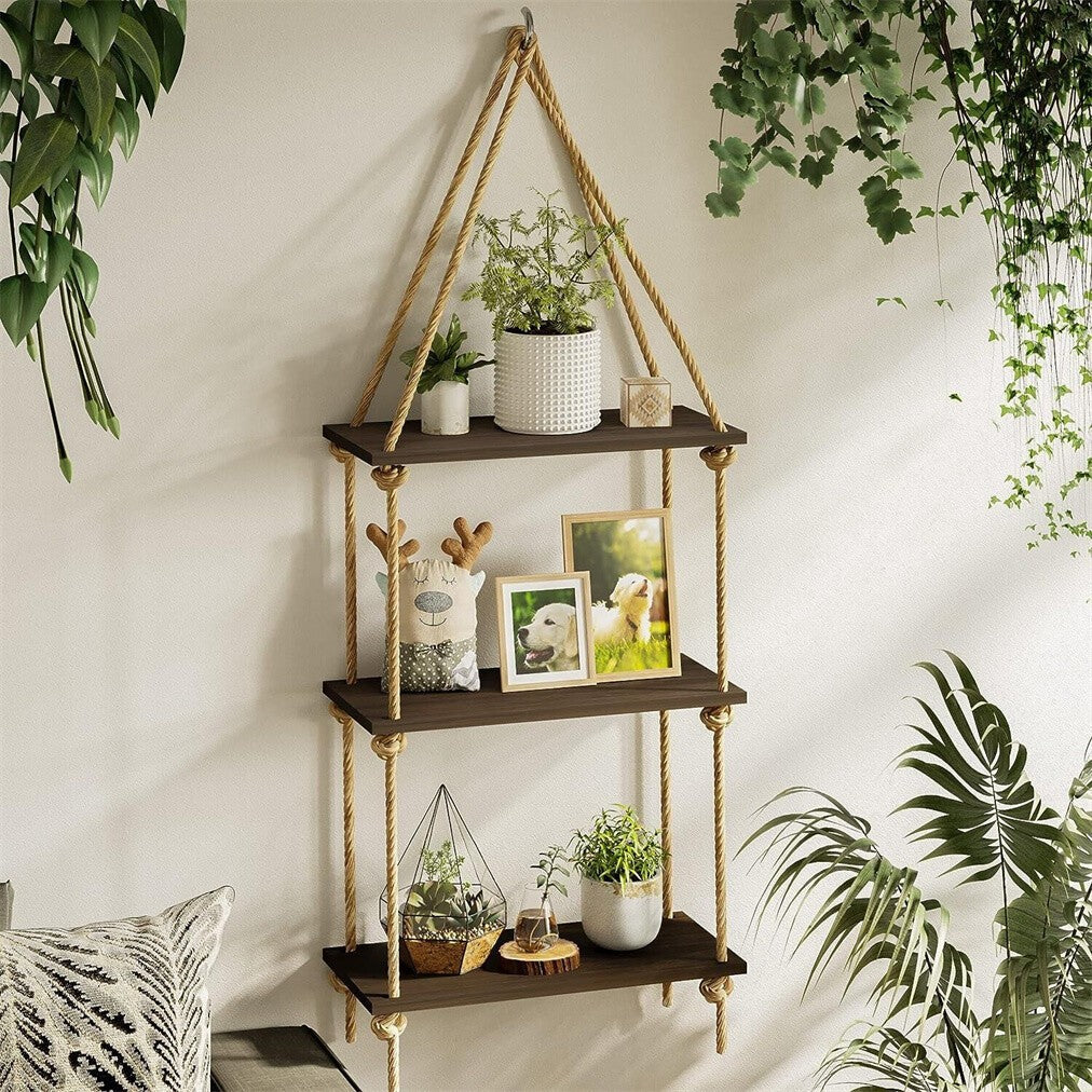 3 Tiers Boho Hanging Wall Shelves Swing Rope Floating Shelf Window Plant Hanger