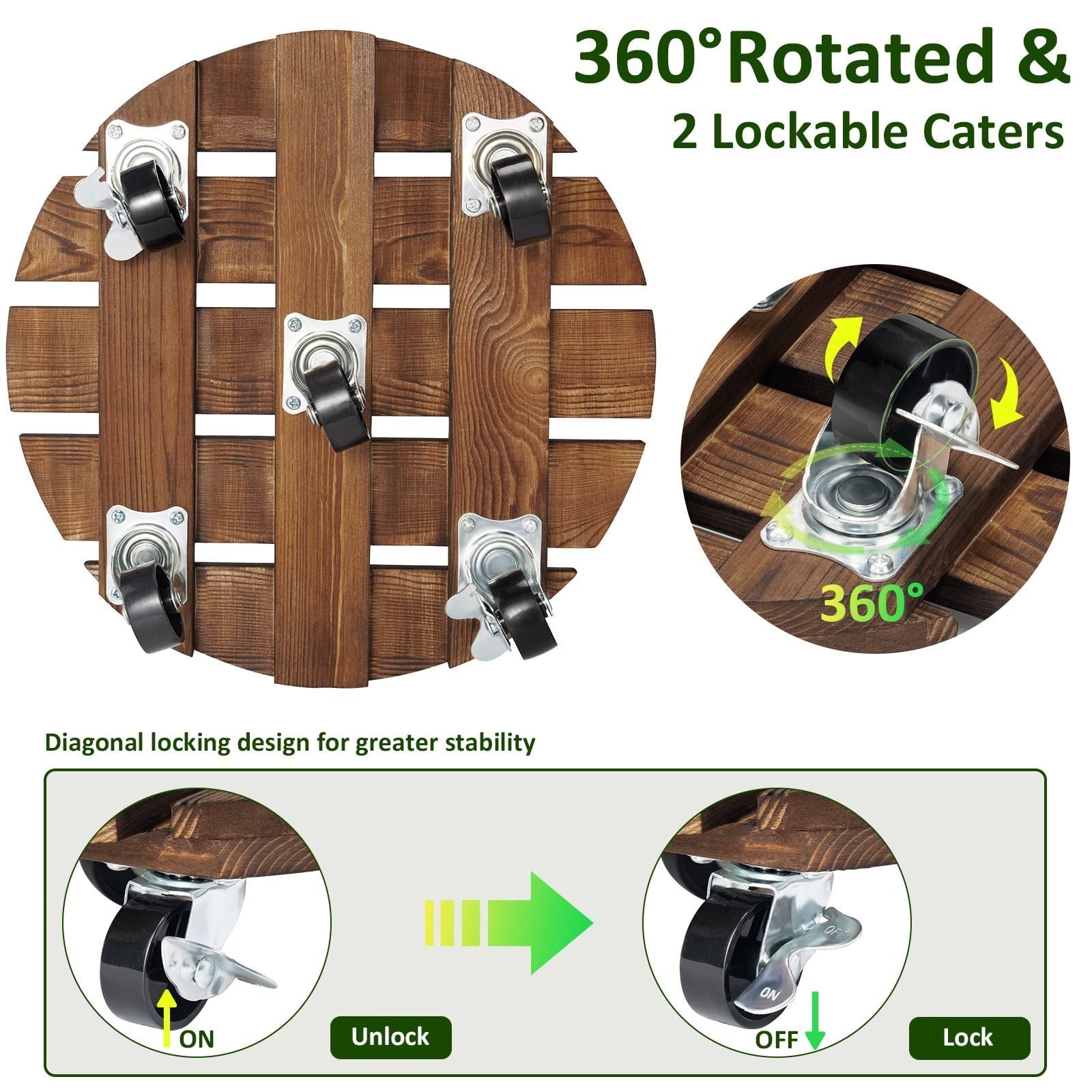 Wooden Round Garden Plant Pot Stand Mover with Wheels Indoor Outdoor Pack of 2
