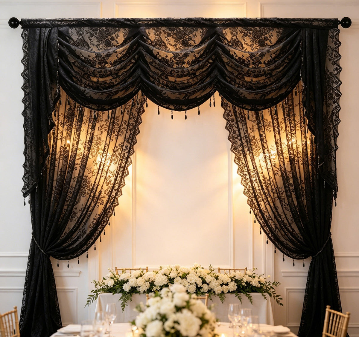 Swag for Windows Waterfall Valance Curtains Beaded Sheer Voile Drapes for Home