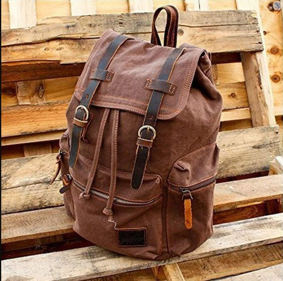 Vintage Leather Canvas Backpack Rucksack Travel Bag Unisex Outdoor Hiking