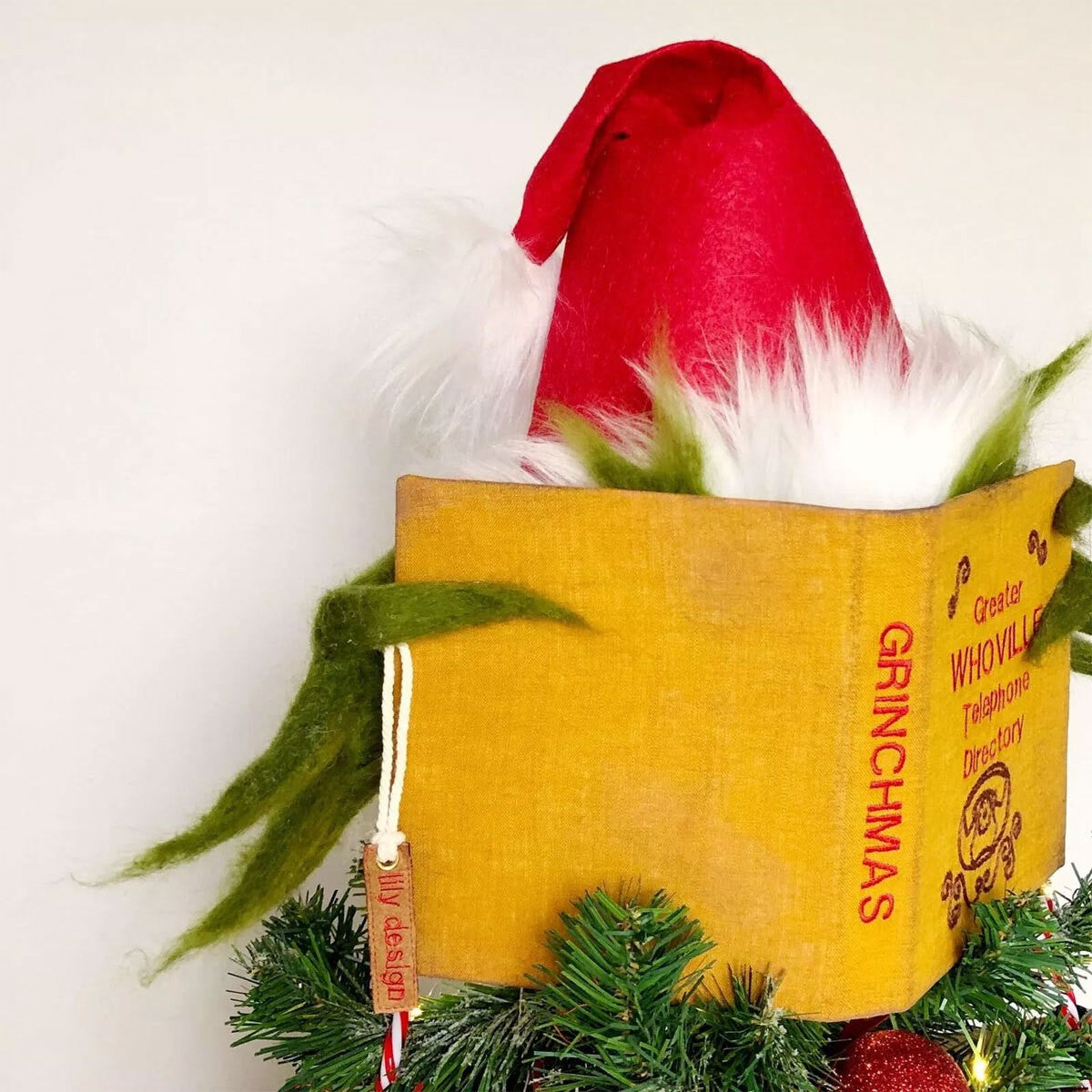 Topper Funny Grinch Hiding Behind Book Treetop Christmas Decor Christmas Tree