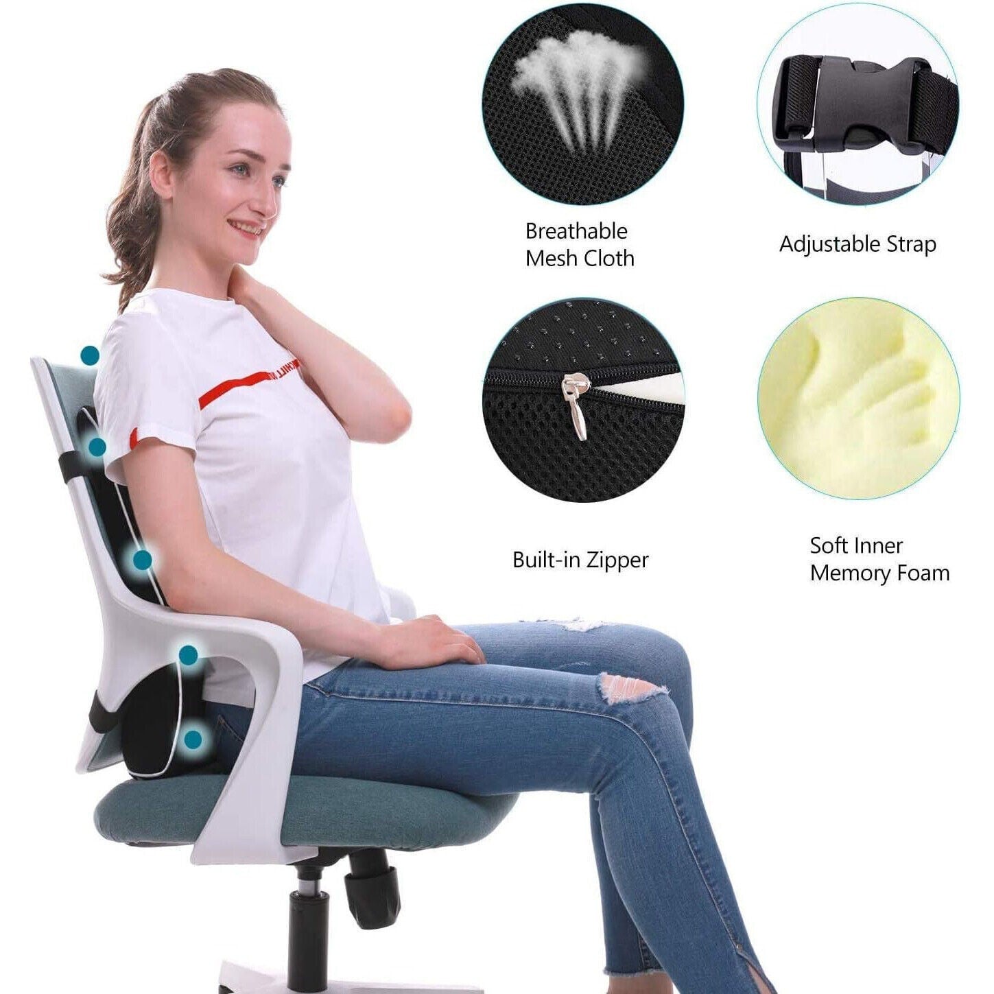 Lumbar Back Support Cushion Wheelchair Office Chair Pillow Memory Foam Car Seat.