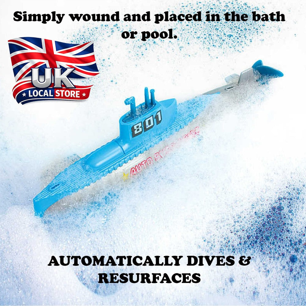 22cm CLOCKWORK SUBMARINE Wind Up Kids Bath Time Pool Toy Boat Xmas Gift T07093