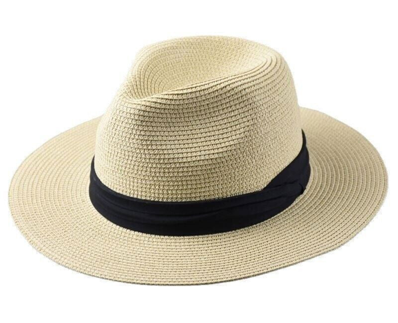 Unisex Mens Women Panama Style Sun Hat Crushable Wide Brim Fedora Straw Hat Cap
