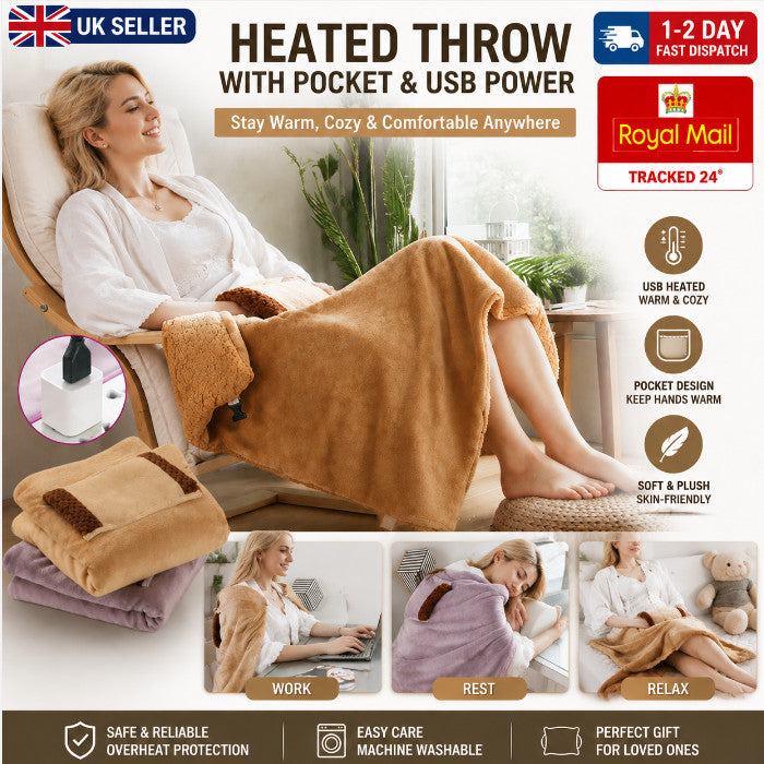 Electric Heated Throw Over Blanket Large Warm Washable Fleece Winter Warming USB
