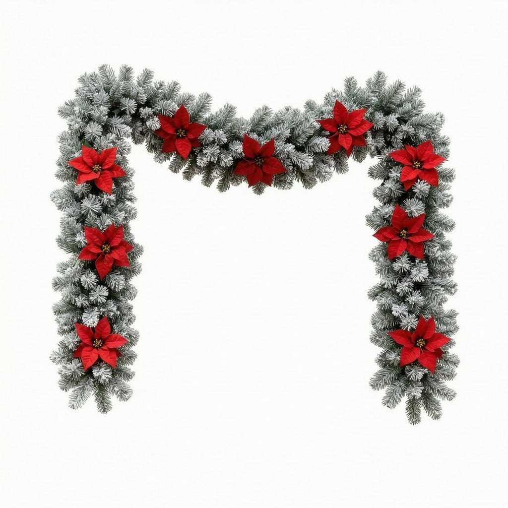 Fir Garland with Poinsettias Winter Decorations Flexible for Mantel