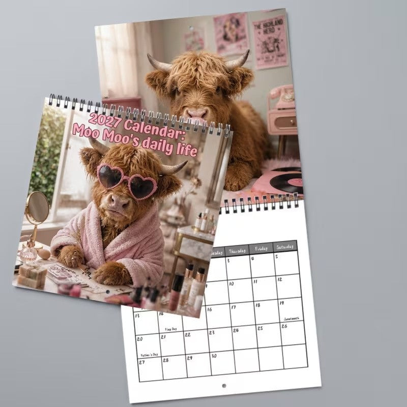 Highland Cow Calendar 2027, Watercolour Cows Monthly Planner Scottish Wall Decor