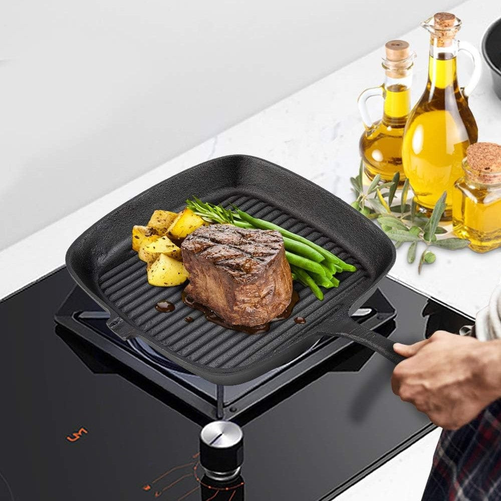 Cast Iron Griddle Frying Pan Grill Non-Stick Skillet Cooking Fry Square Steak UK