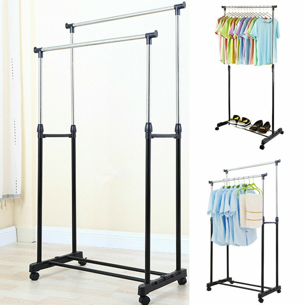 Double Clothes Rail Storage Garment Shelf Adjustable Hanging Display Stand Rack