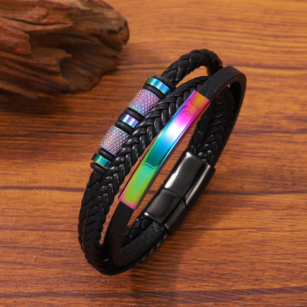 Stainless Steel Multi-colored Hand-woven Men's Leather Bracelet