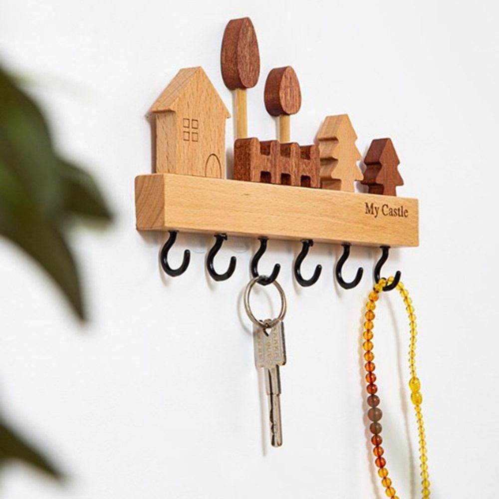 Wooden Key Holder Storage 6 Hooks Wall Mounted Metal Coat Rack Hanger Chic Style