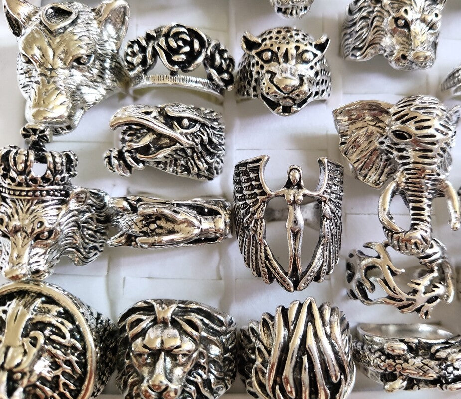 Wholesale Lot 25 Vintage Ferocious Animal Head Punk Rings Retro Jewelry For Men