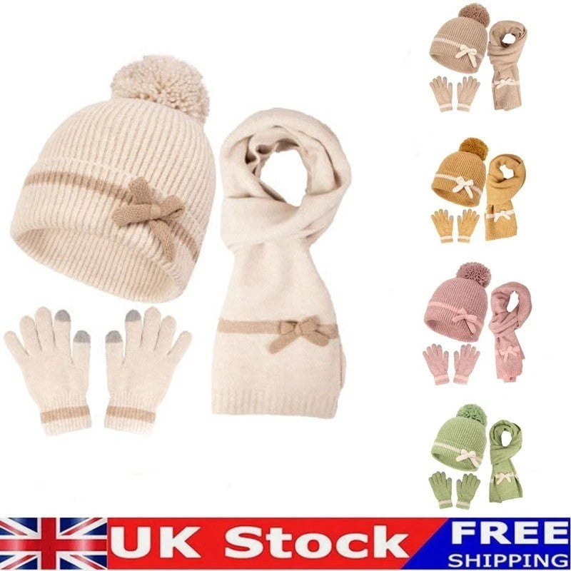 Womens Ladies Thick Knit Hat Scarf AND Touchscreen gloves Set Knitted Winter UK