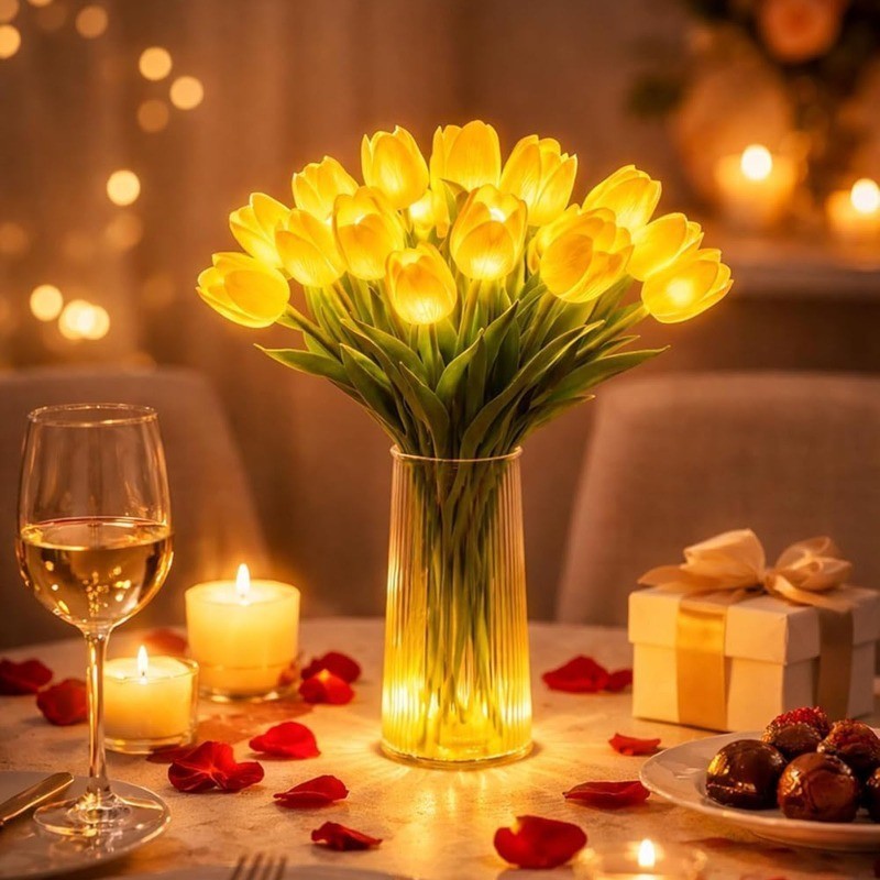 15X LED Tulip Night Light Artificial Flower Lamp Bedroom Decor Gift：
