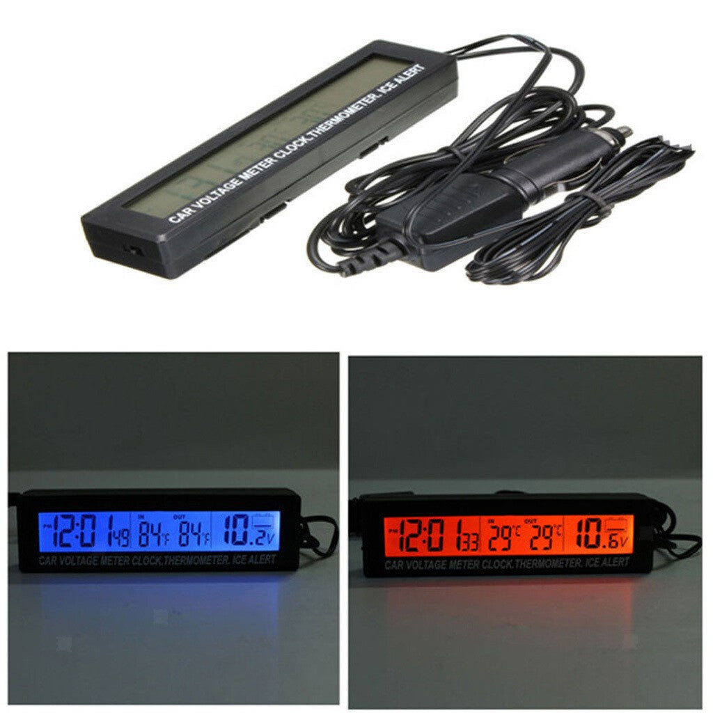 12V Car LCD Digital Clock In/Outdoor Temperature Thermometer Voltage Meter