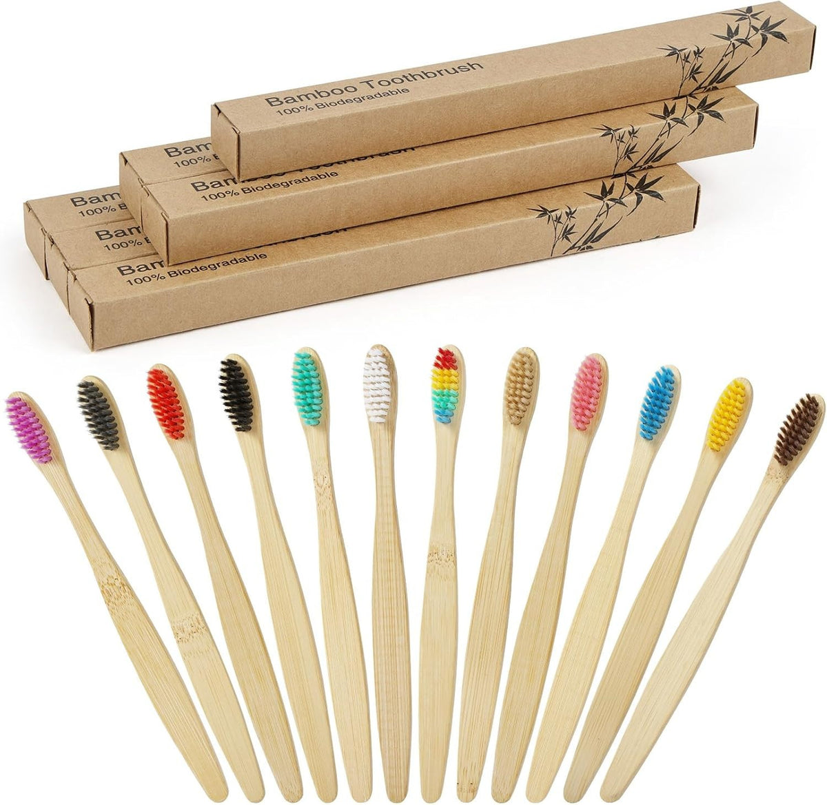 Bamboo Toothbrushes for Adults, 12 Pack Eco Friendly Natural Wooden Toothbrush,