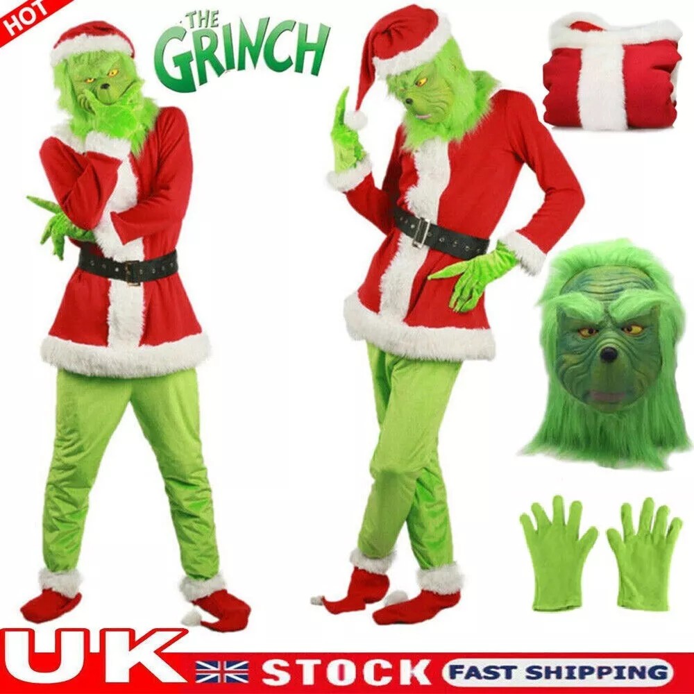 New Mens Grinch Christmas Costume Adult Xmas Fancy Dress Cosplay Outfit Set UK