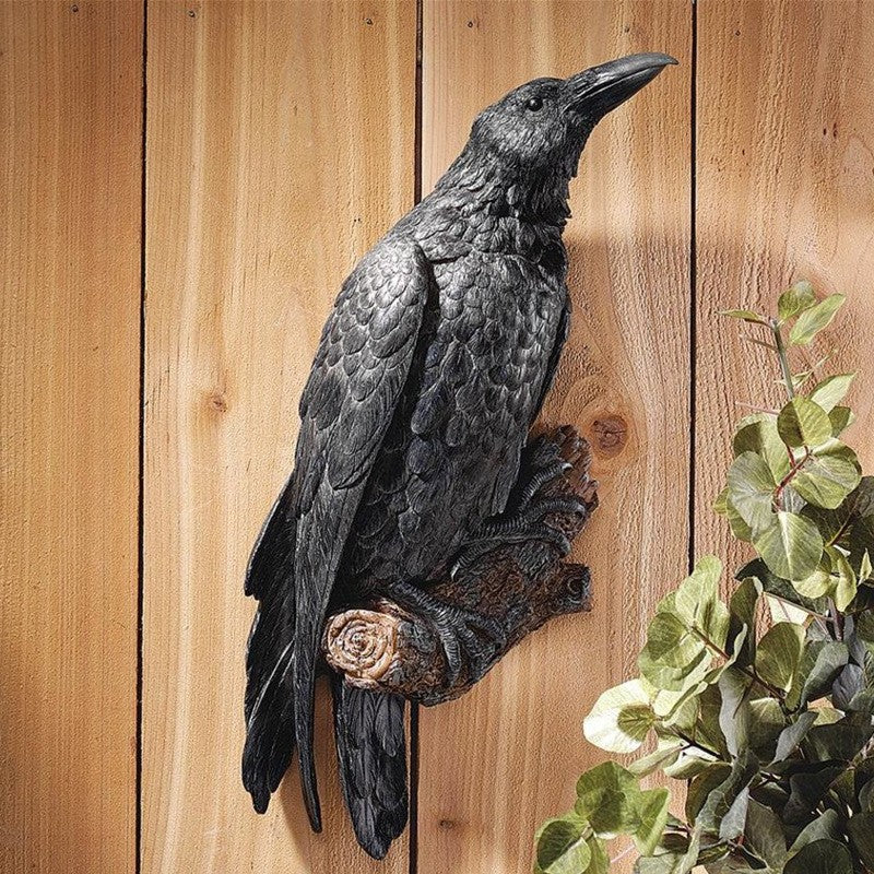 Gothic Raven Statue Crow Scavenger Bird Perching On Tree Stump  Figurine 7.8"H