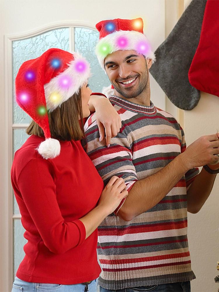 Christmas Hat with LED Lights Funny Santa Hat Plush Faux Fur Xmas Holiday Hat