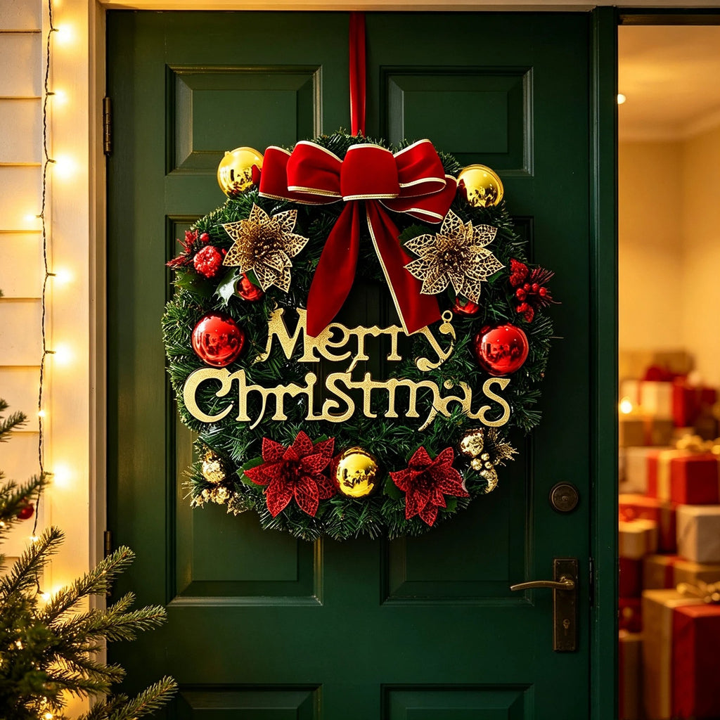30CM Christmas Wreath With Bow Front Door Wreath Garland Xmas Hanging Decor UK
