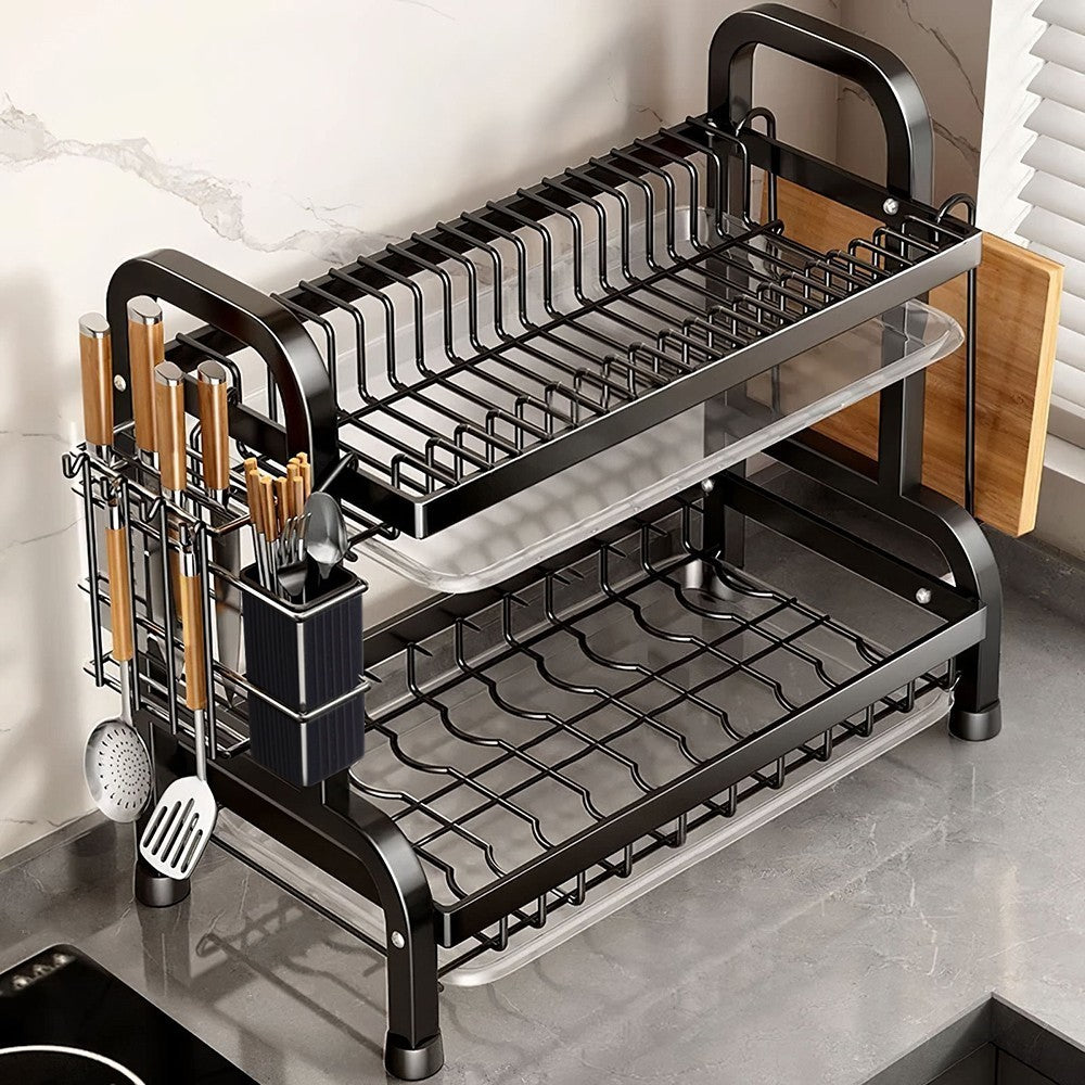 2 Tiers Large Dish Drainer Plate Rack Dryer Knives Cutlery Holder with Drip Tray