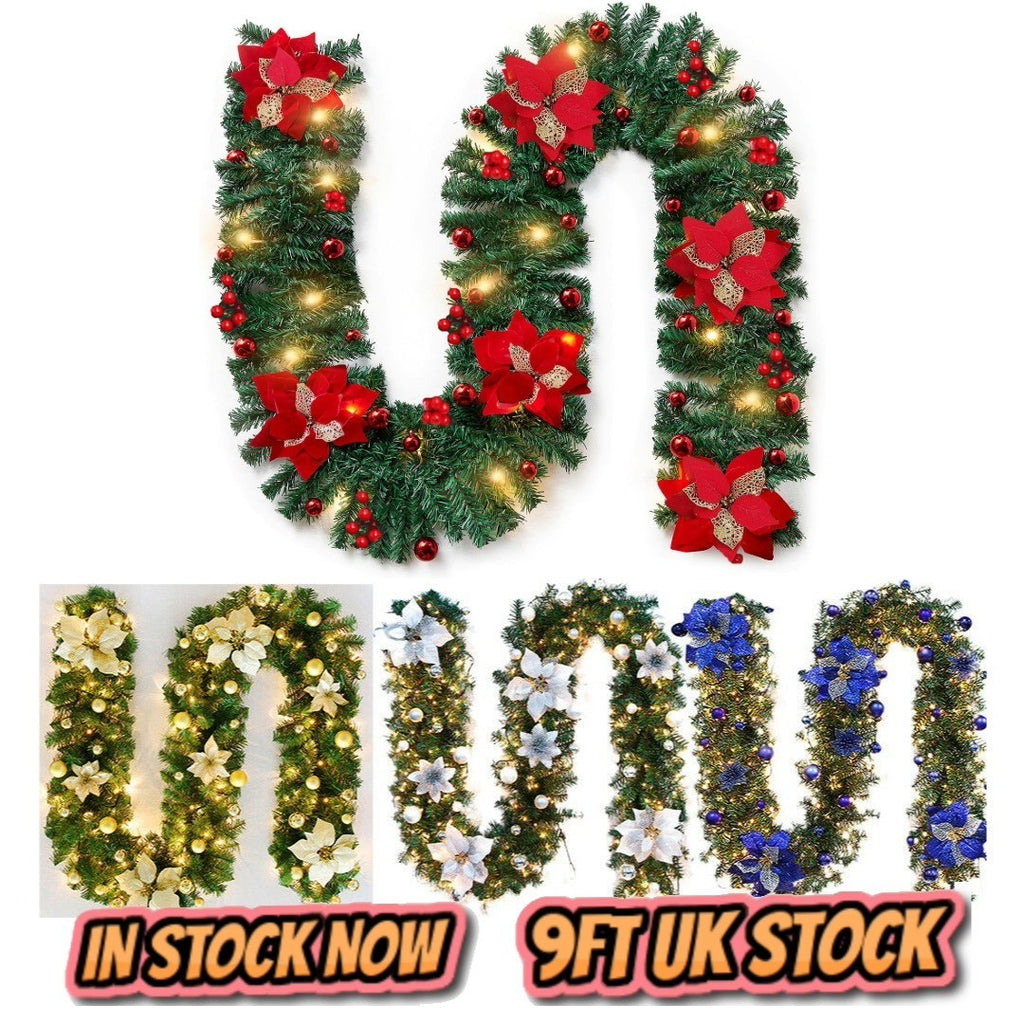 9FT Pre Lit Christmas Garland with Lights Door Wreath Xmas Fireplace Decor LED
