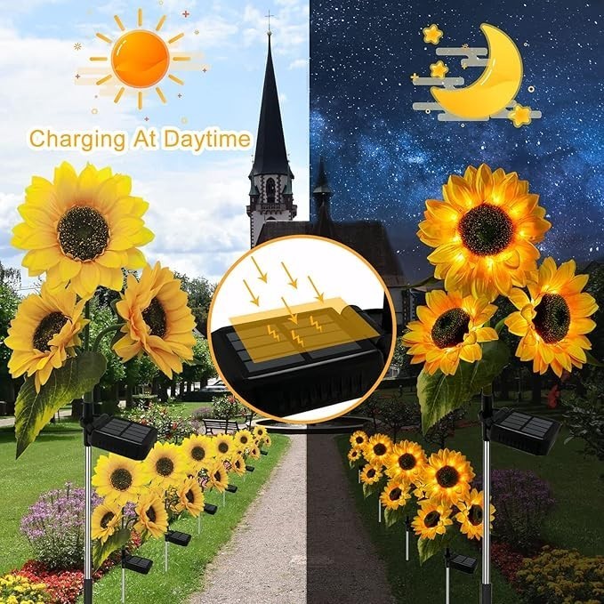 2×Solar Powered 3 Heads Sunflower LED Garden Light Outdoor Path Lawn Stake Lamp