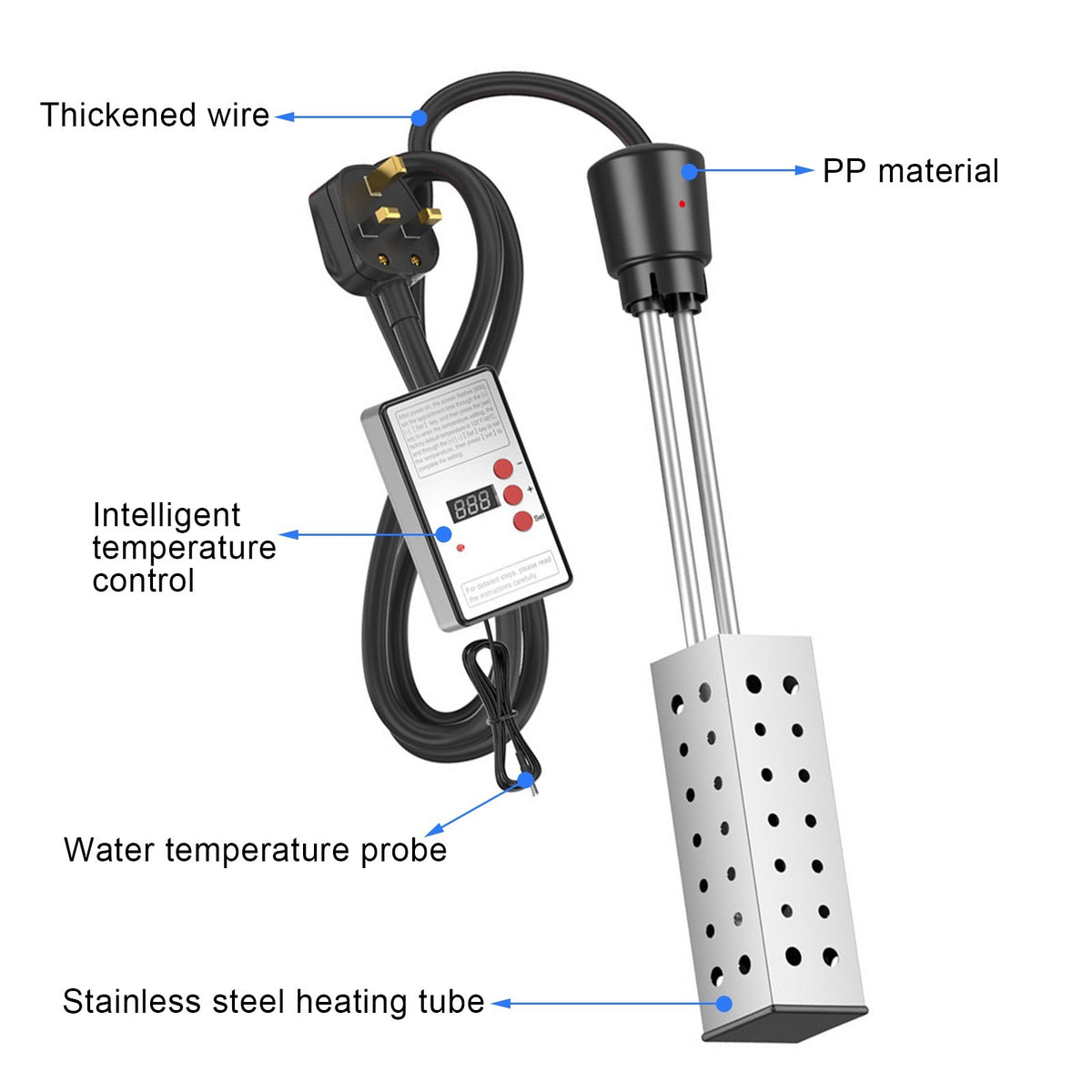 Electric Immersion Water Heater 2500W Bathtub Bucket Thermostat Auto Shutoff UK