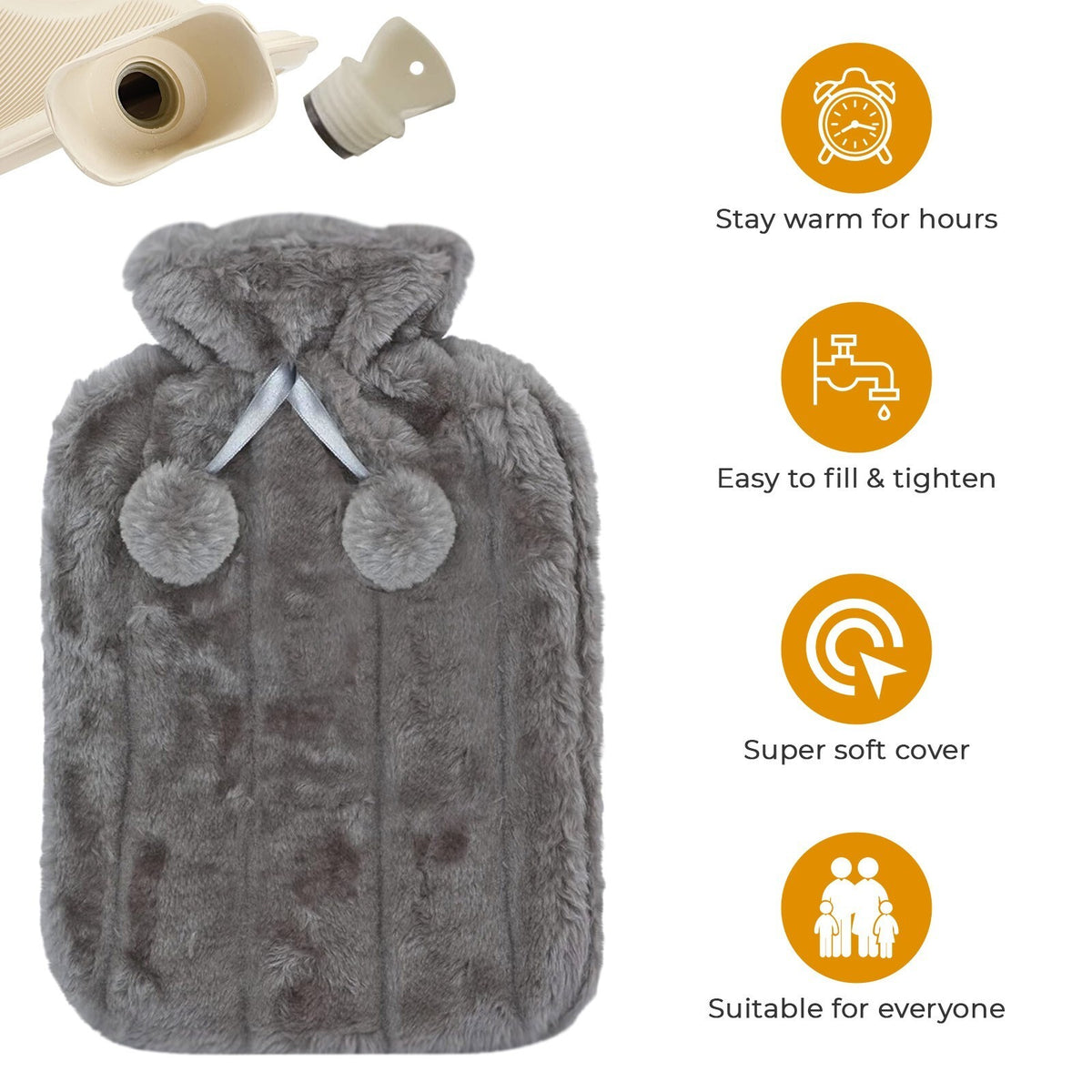 Large 2L Natural Rubber Hot Water Bottle With Warm Faux Fur Fleece Knitted Cover