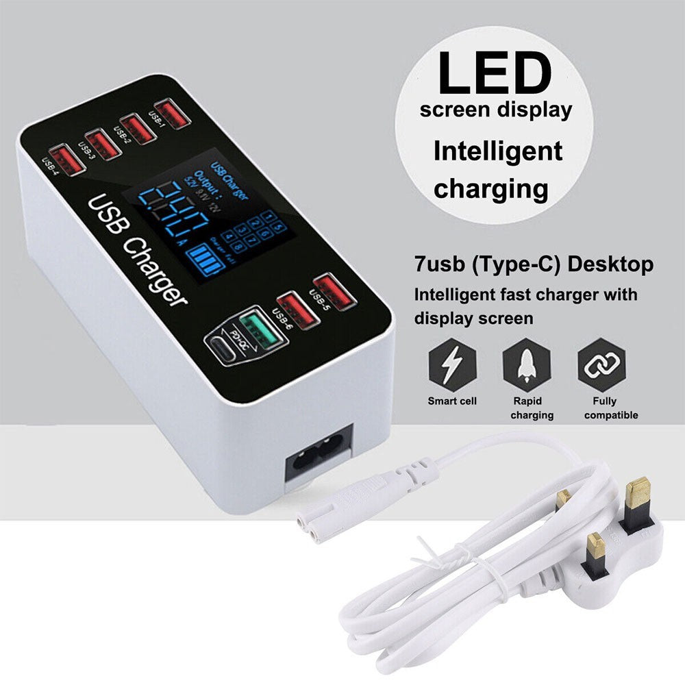 LCD Display Station Hub with UK Plug 8 Multi-Port USB Fast Quick Charger Adapter