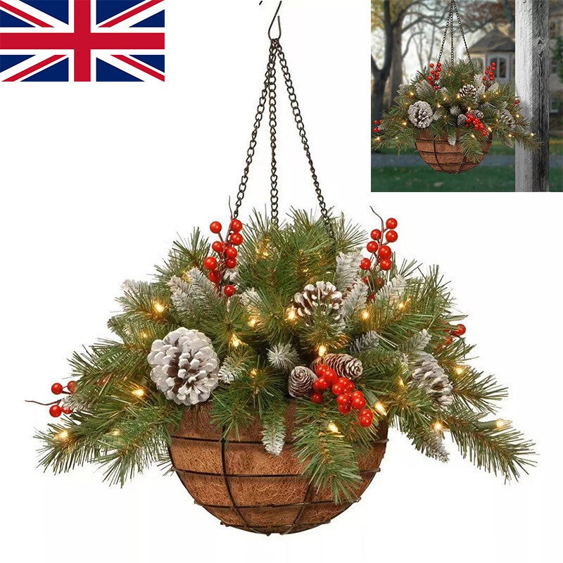 Christmas Artificial Flower Hanging Basket w/ LED Lights Xmas Garden Home Decor