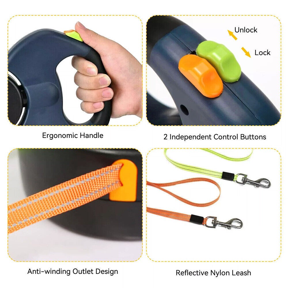 Retractable Lead Leash Double Tangle Dual Doggie 2 Dog 50 Pounds For Pet Dog UK