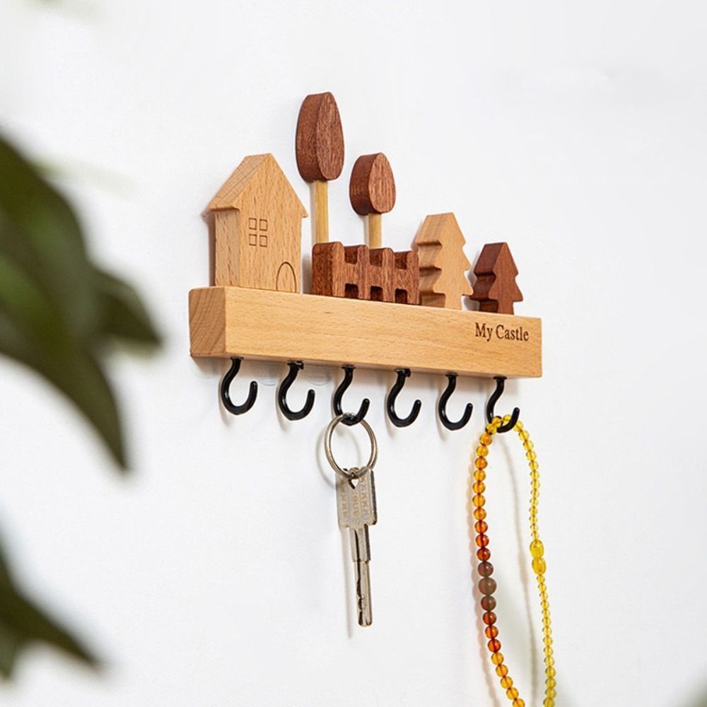 Wooden Key Holder Storage 6 Hooks Wall Mounted Metal Coat Rack Hanger Chic Style