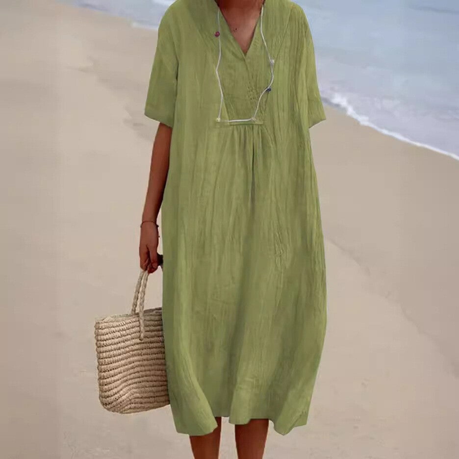 Ladies Summer Cotton Linen Dress Ladies Sundress Solid Midi Dresses Pullover UK