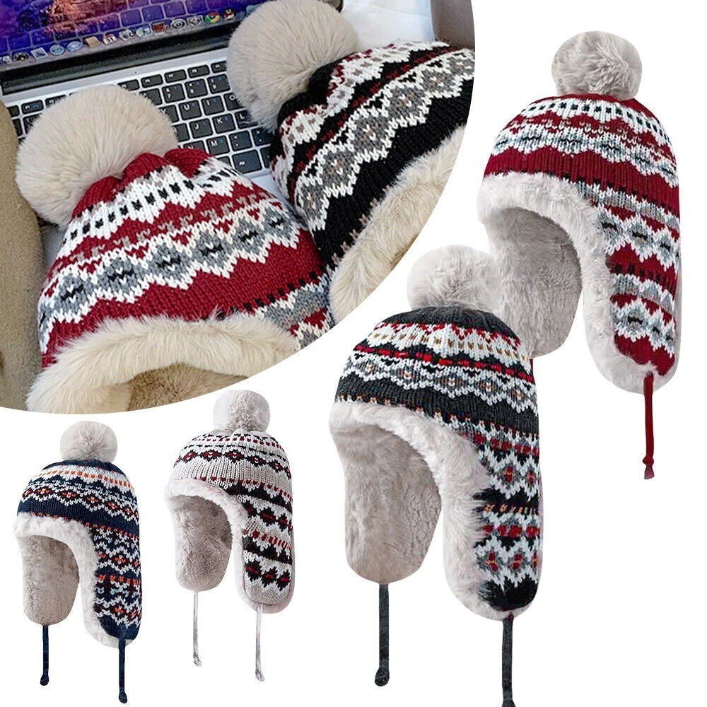 Ladies Warm Beanie Cap Knitted Bobble Hat with Ear Flaps Winter Trapper Hat