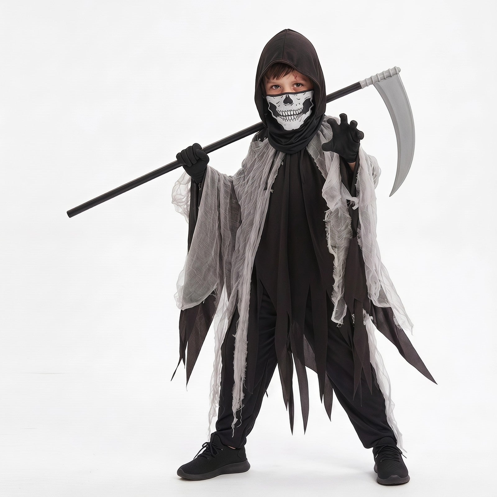 2026 New Kids' Death God Costume Mesh Hooded Cape Mask Gloves and Scythe Set UK