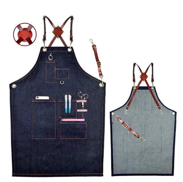 New Denim Leather Strap Bib Apron Barista Bartender BBQ Chef Cook Waiter Uniform