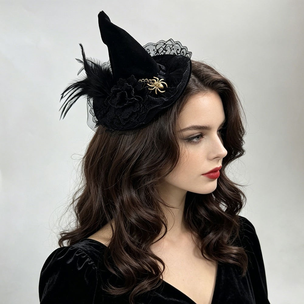 Mini Witch Hat Lace Feather Golden Spider Gothic Halloween Fancy Dress Headband