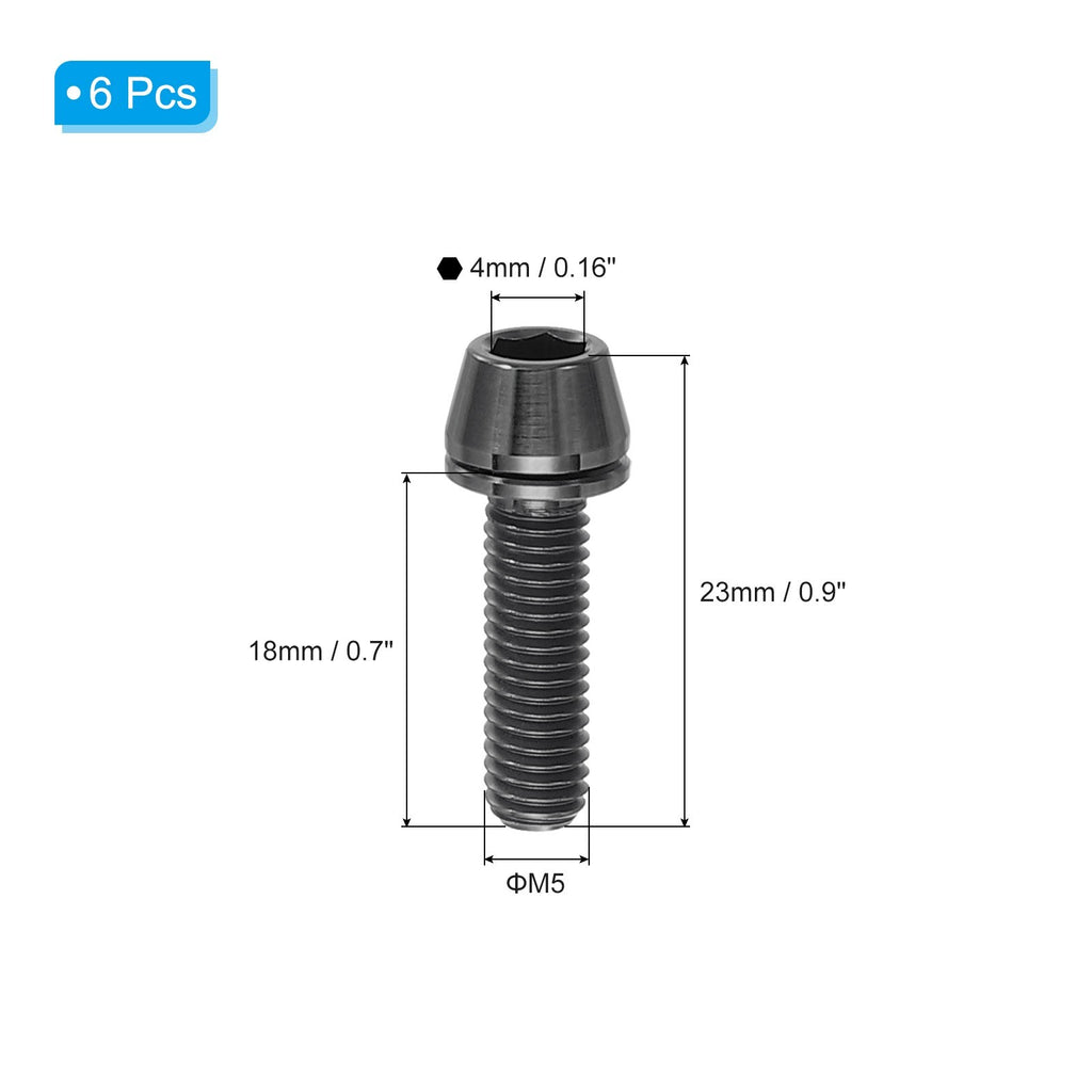 6Pcs M5x18mm Stainless steel Bike Stem Bolt Hex Tapered Head Bolt Black MTB Road